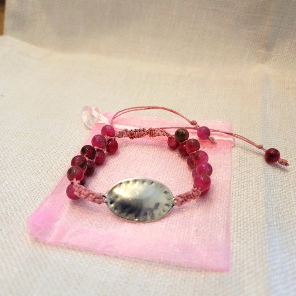 Hand crafted pink tourmaline with pink hemp cord adjustable slider